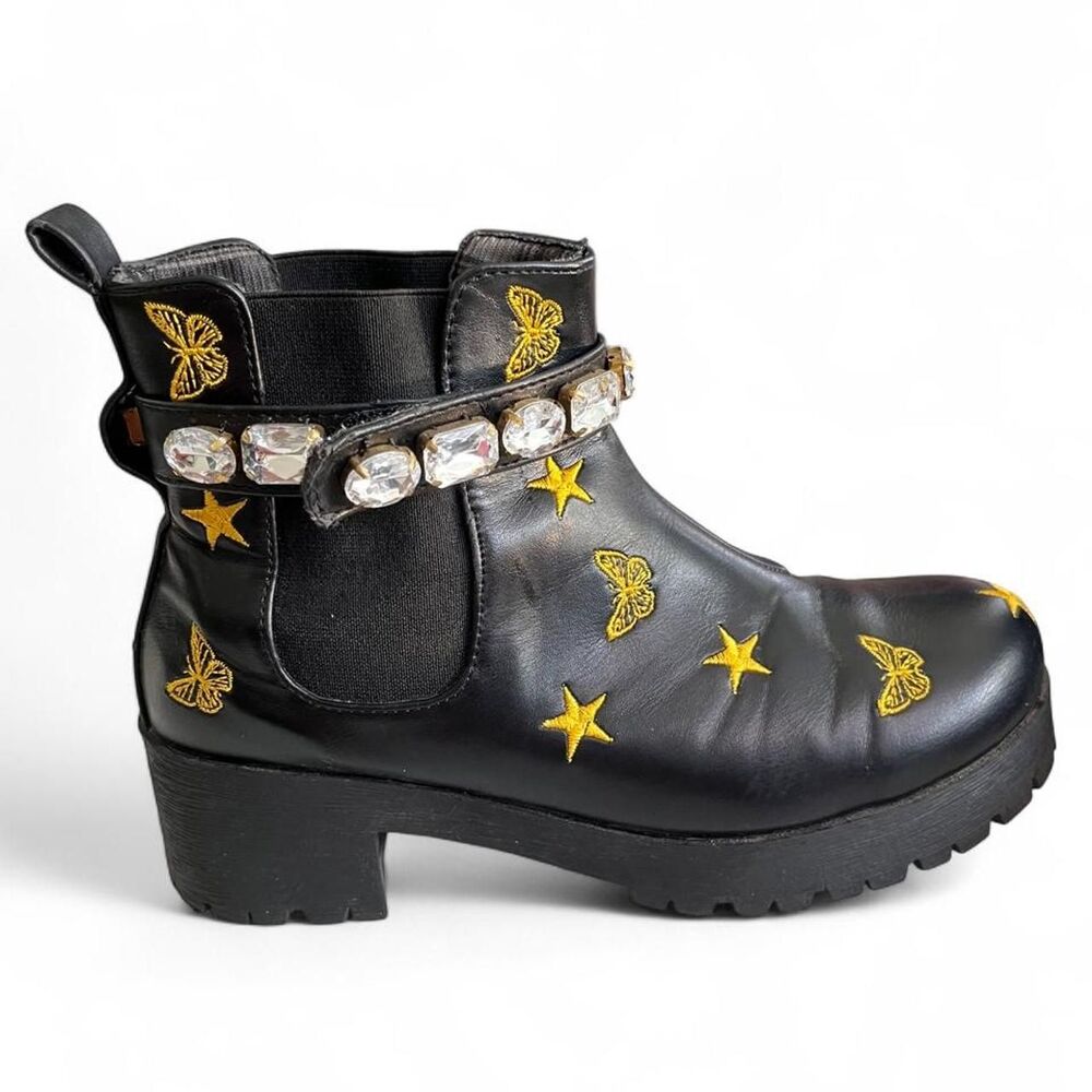 Rare Embroidered and Rhinestoned Women's Black Boots - Picture 2 of 6